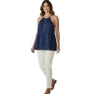 White House Black Market Navy Blue Halter Top Textured Embroidered Size M EUC